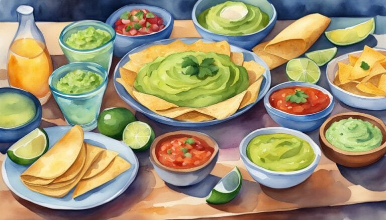 Colorful array of Mexican cuisine dishes, including guacamole.