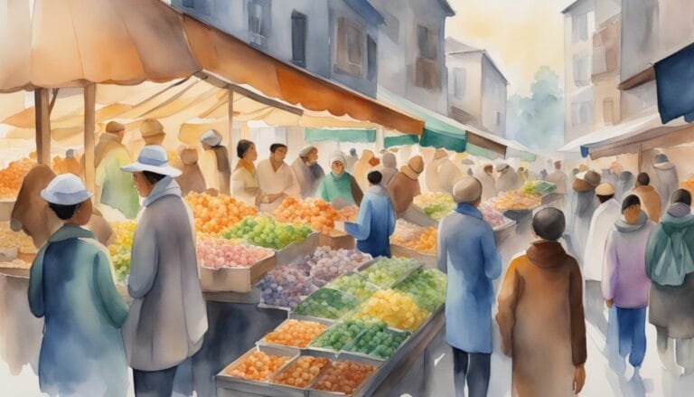 Colorful outdoor market scene with bustling crowds and fruit stalls.