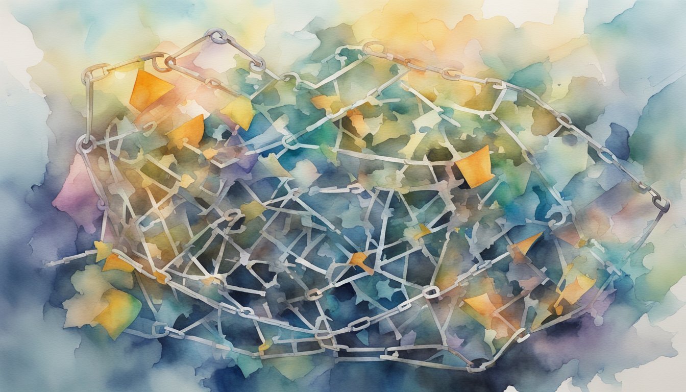 Watercolor painting of abstract geometric shapes and chains.