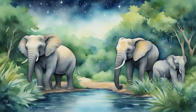 Three elephants by a river under starlit sky