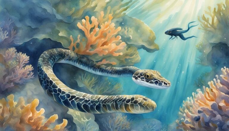 Sea snake swimming through vibrant coral reef.