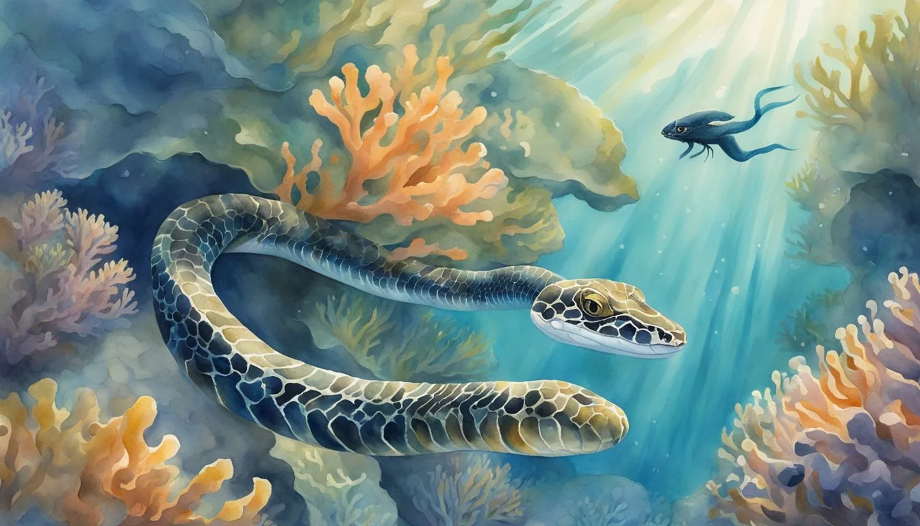 Sea snake swimming through vibrant coral reef.