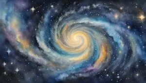 Colorful spiral galaxy painting with twinkling stars.