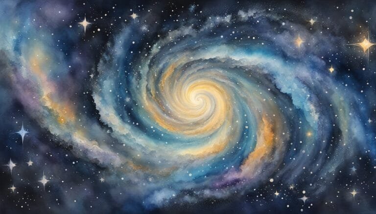 Colorful spiral galaxy painting with twinkling stars.
