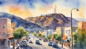 Watercolor painting of Hollywood sign and bustling street.
