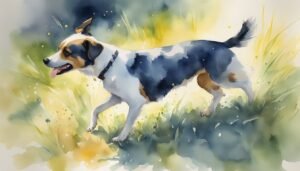 Watercolor painting of a dog walking through grass.