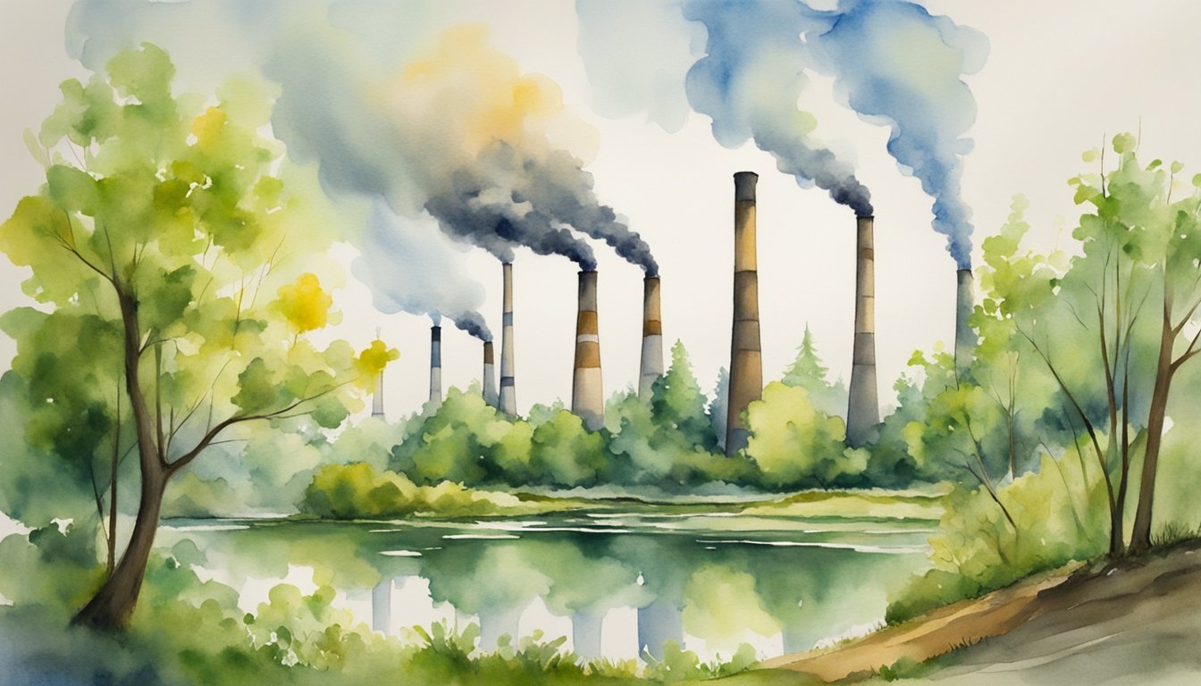 Watercolor of industrial smokestacks by forested river.