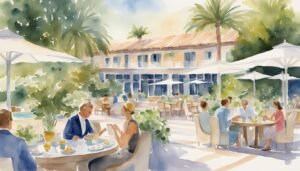 Watercolor of outdoor dining at a Mediterranean-style villa.