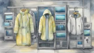 Futuristic coats hanging in high-tech environment.