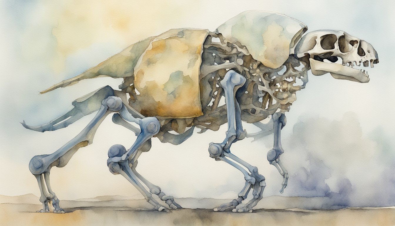 Watercolor illustration of a skeletal cat with detailed bones.