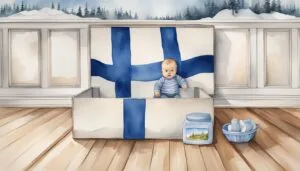 Baby in cardboard box painted with Finnish flag design.