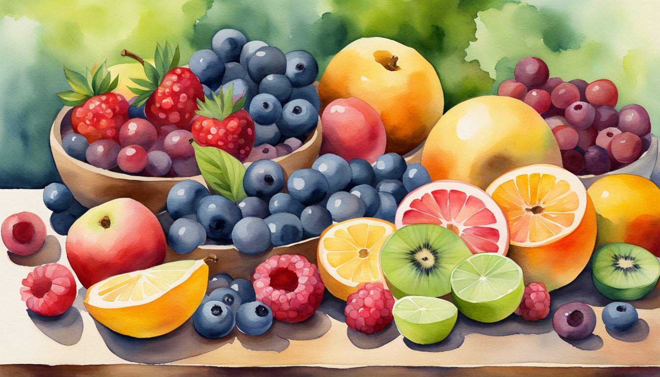 Colorful watercolor painting of assorted fresh fruits.