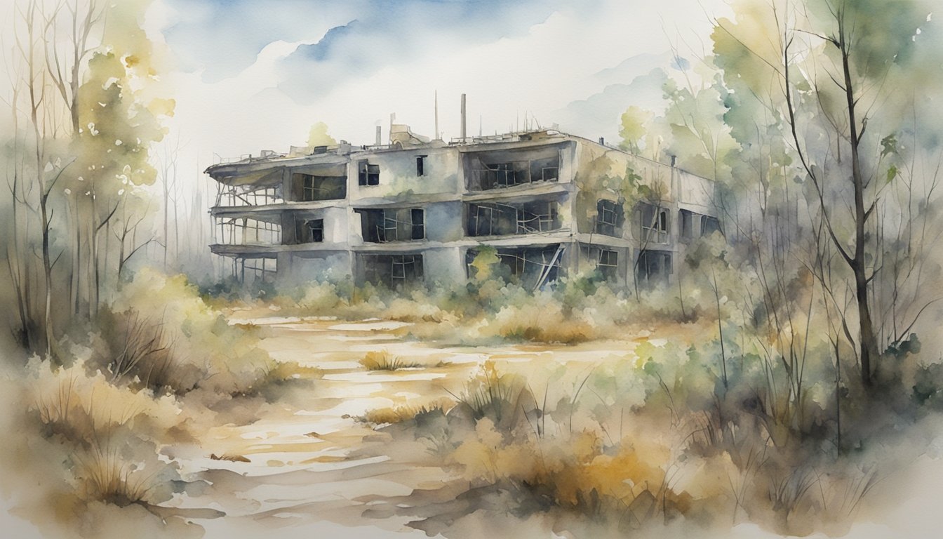 Watercolor of abandoned building in overgrown forest.