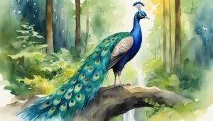 Vibrant watercolor peacock in a lush forest scene.