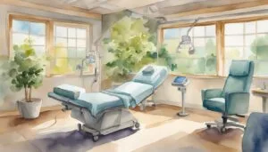 Bright, serene medical office with examination bed and equipment.