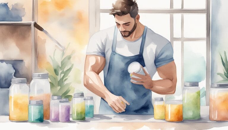 Man preparing colorful powders in jars near window.