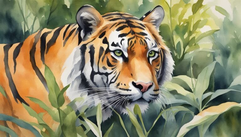 Watercolor painting of a tiger in lush greenery.