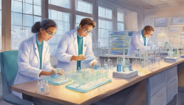 Three scientists conducting research in a laboratory.