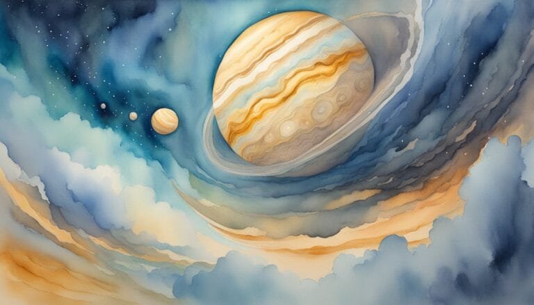 Watercolor illustration of planets amid swirling celestial clouds.