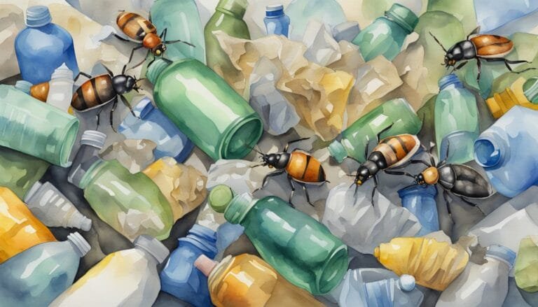 Beetles crawling on colorful, assorted plastic waste.