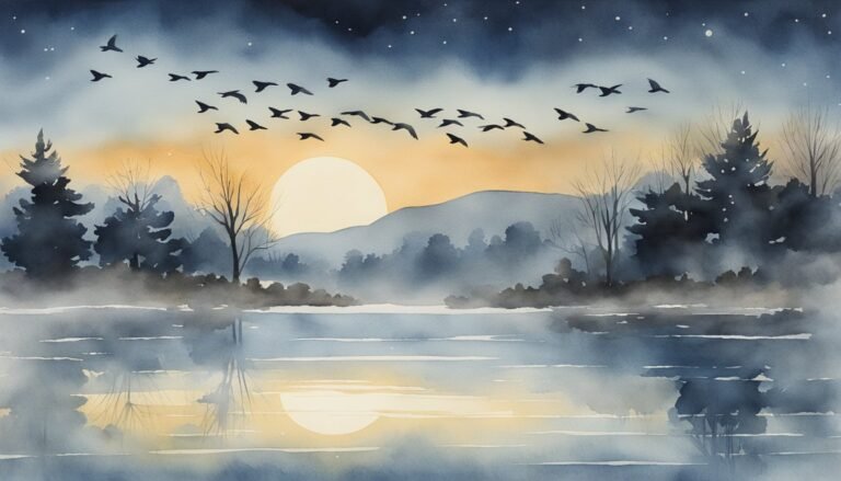 Misty sunrise over tranquil lake with migrating birds.