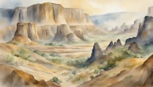 Watercolor painting of desert mesas and valleys.