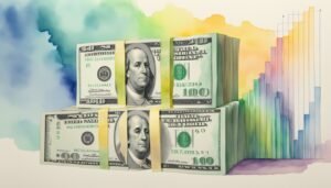 U.S. dollar stacks against colorful economic growth charts.