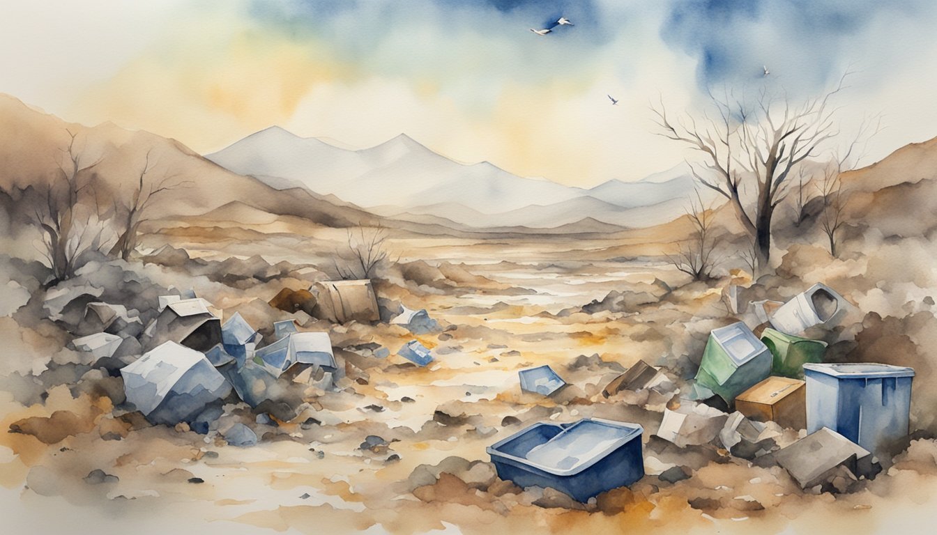 Watercolor of littered desert landscape with mountains and birds.