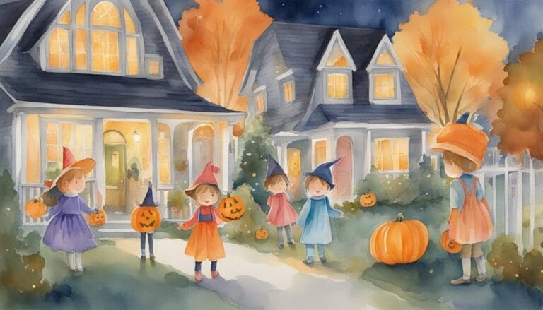 Children in costumes trick-or-treating at twilight.