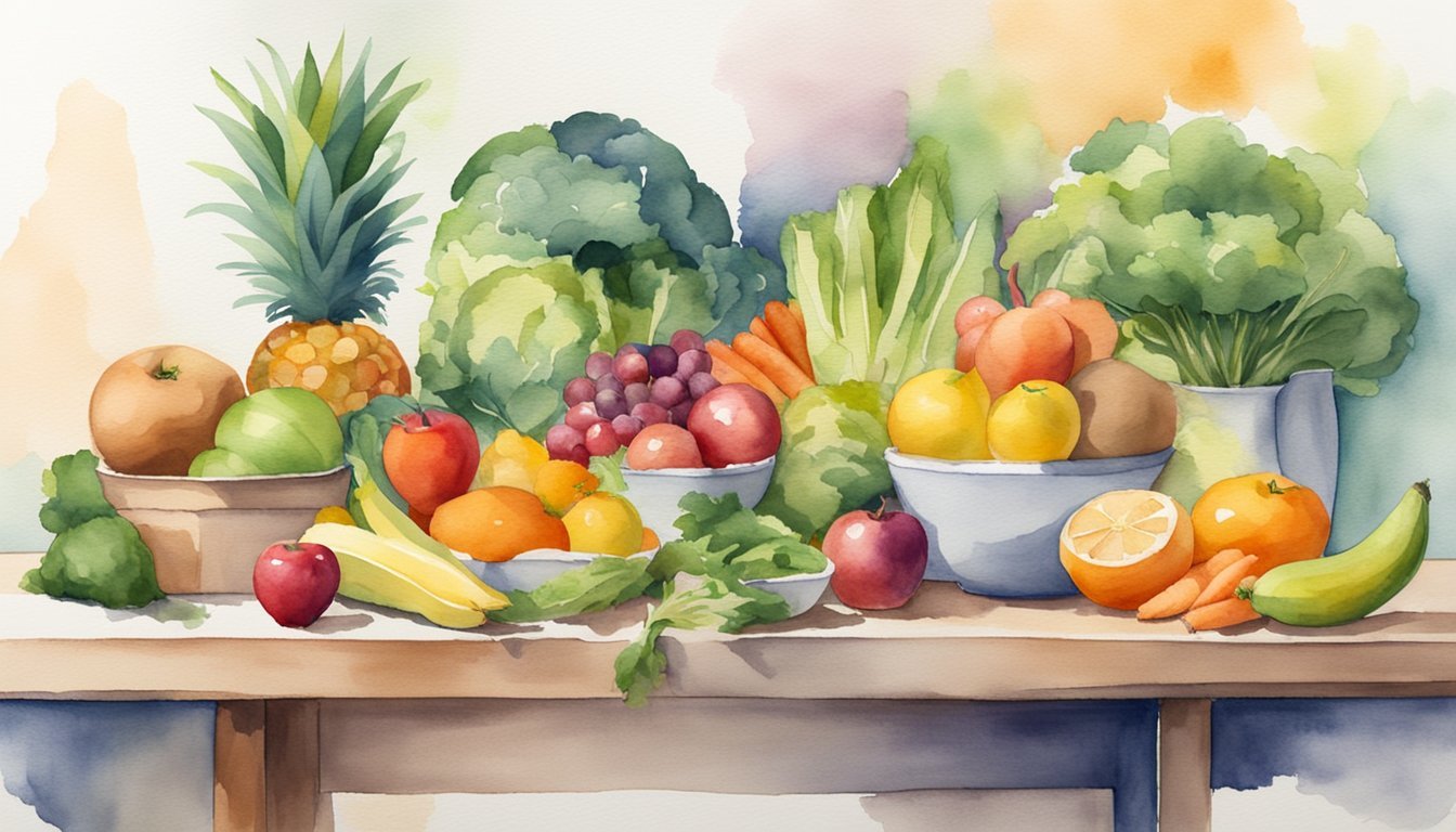 Watercolor painting of assorted fresh fruits and vegetables.