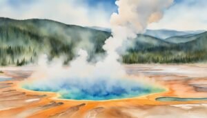 Watercolor of geyser erupting in forested landscape.