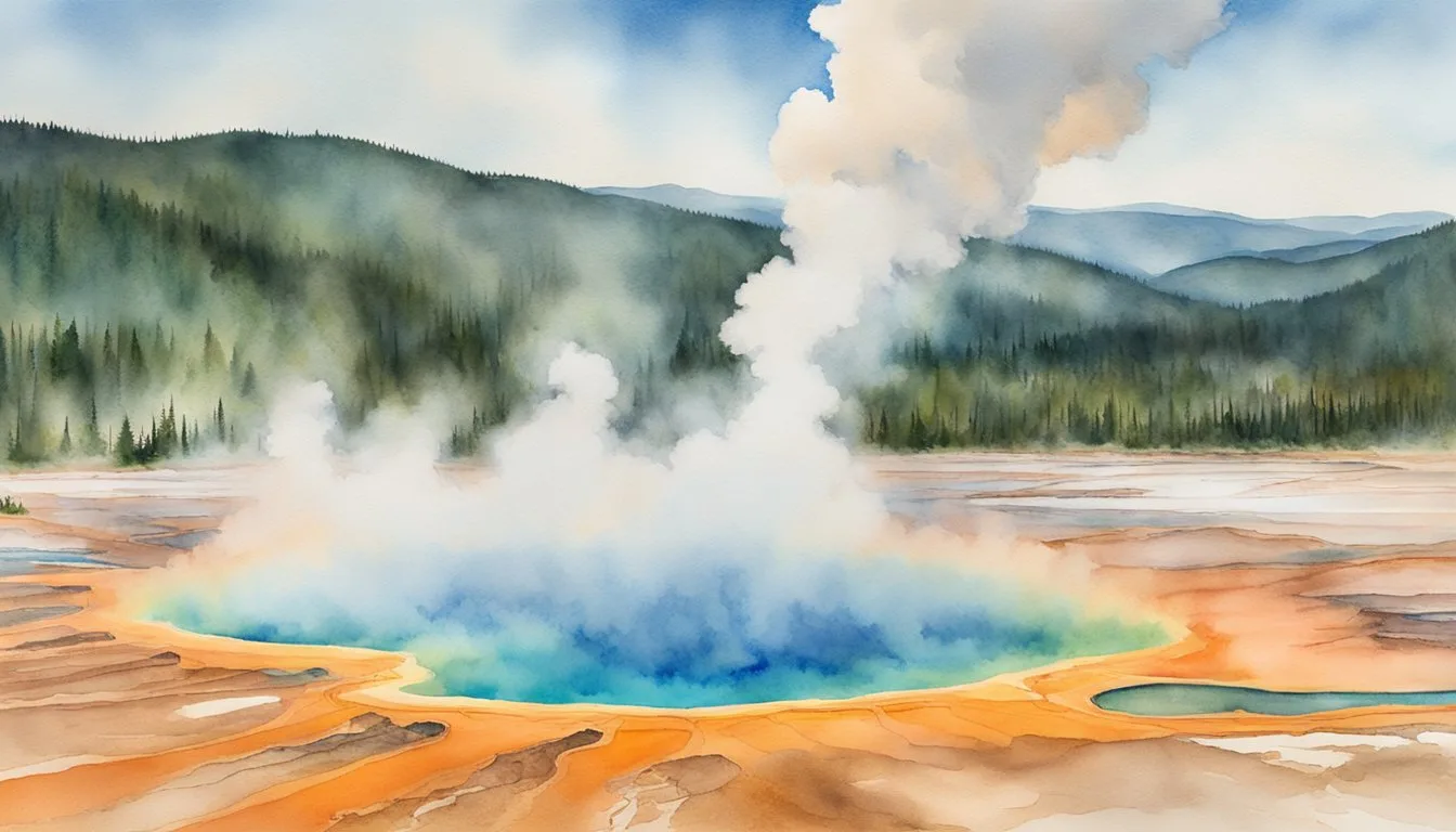 Watercolor of geyser erupting in forested landscape.