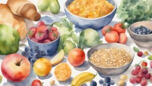 Colorful watercolor painting of various fresh fruits and vegetables.