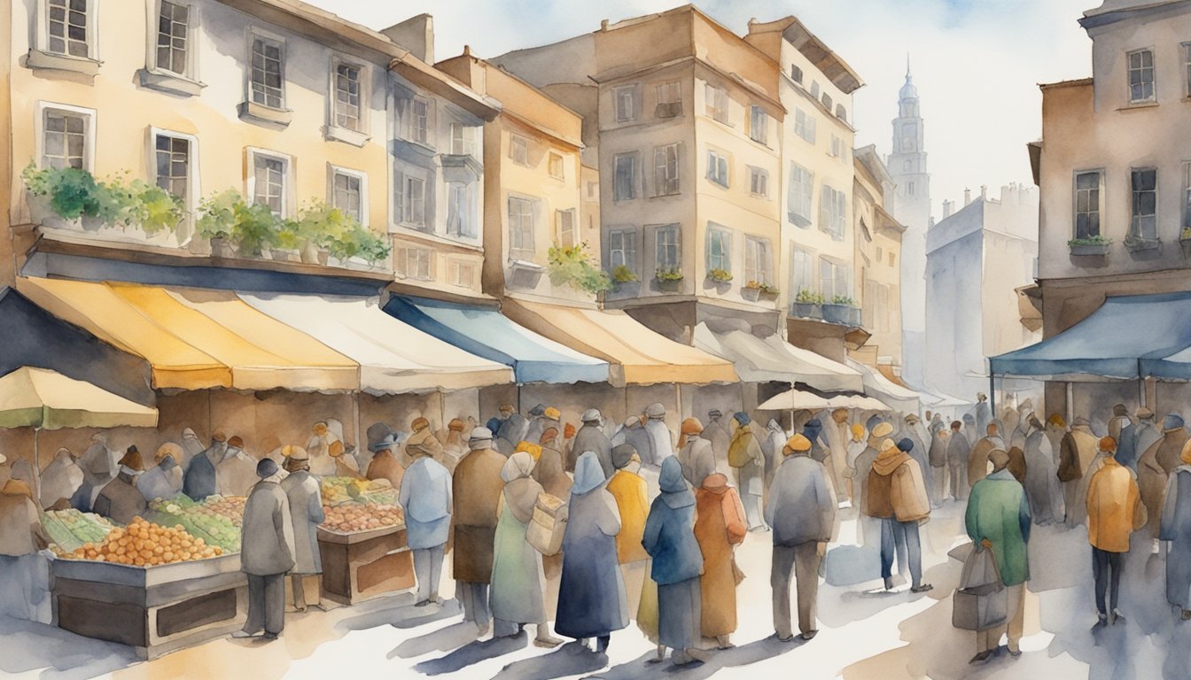 Watercolor of bustling outdoor market scene in European town.