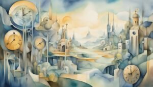 Surreal watercolor cityscape with multiple clocks and soft hues.