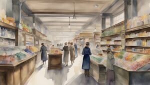 Vintage pharmacy watercolor with customers browsing products.