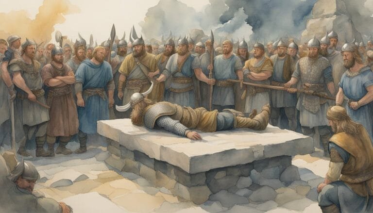 Viking warriors gather around fallen leader on stone platform.