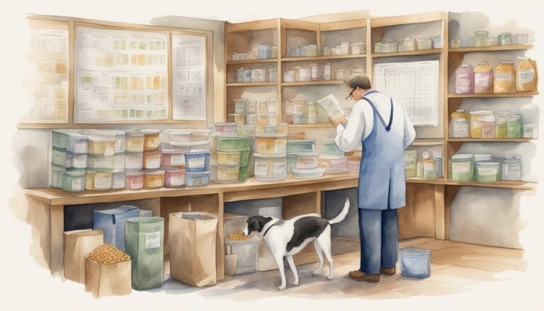 Pharmacist organizing medications in shop with dog.