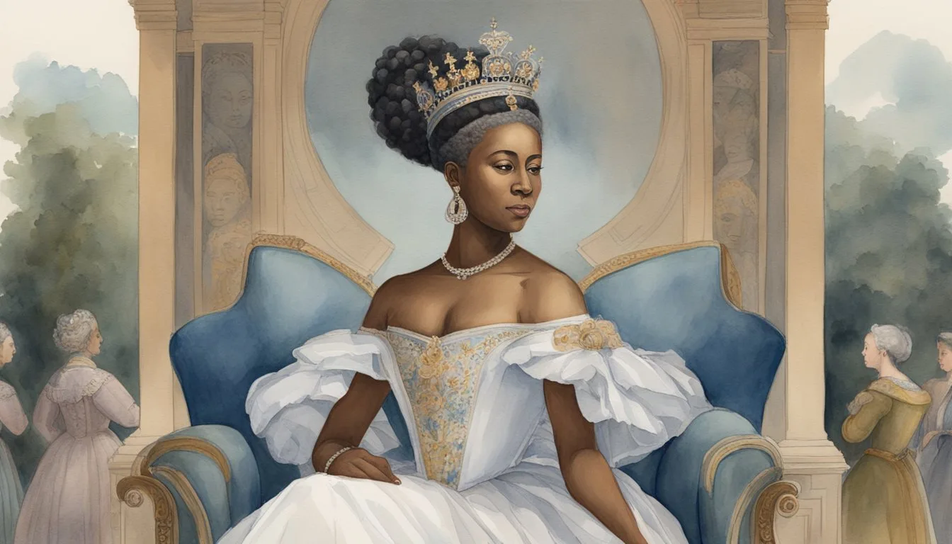 Elegant queen in regal attire at court ceremony.