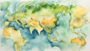 Watercolor painting of a world map in soft colors.