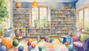 Colorful watercolor illustration of a cozy, toy-filled nursery.