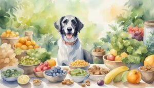 Dog surrounded by colorful fruit bowls, watercolor painting