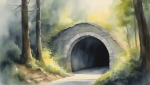 Misty forest watercolor with stone tunnel entrance.