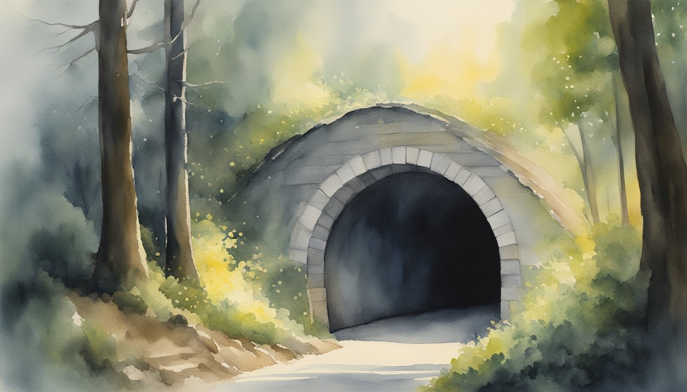 Misty forest watercolor with stone tunnel entrance.