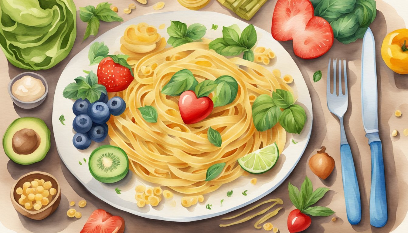 Watercolor illustration of pasta with fruits and vegetables.