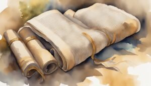 Watercolor painting of an open book and scrolls.