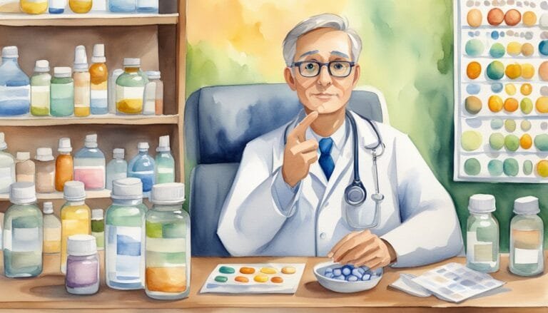 Watercolor of pharmacist with pills and medicaments.