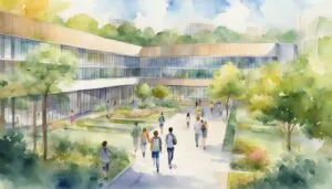 Watercolor of people walking at modern, green campus.
