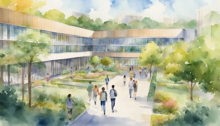 Watercolor of people walking at modern, green campus.