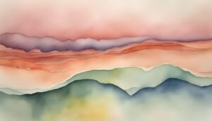 Abstract watercolor painting of layered mountain landscape